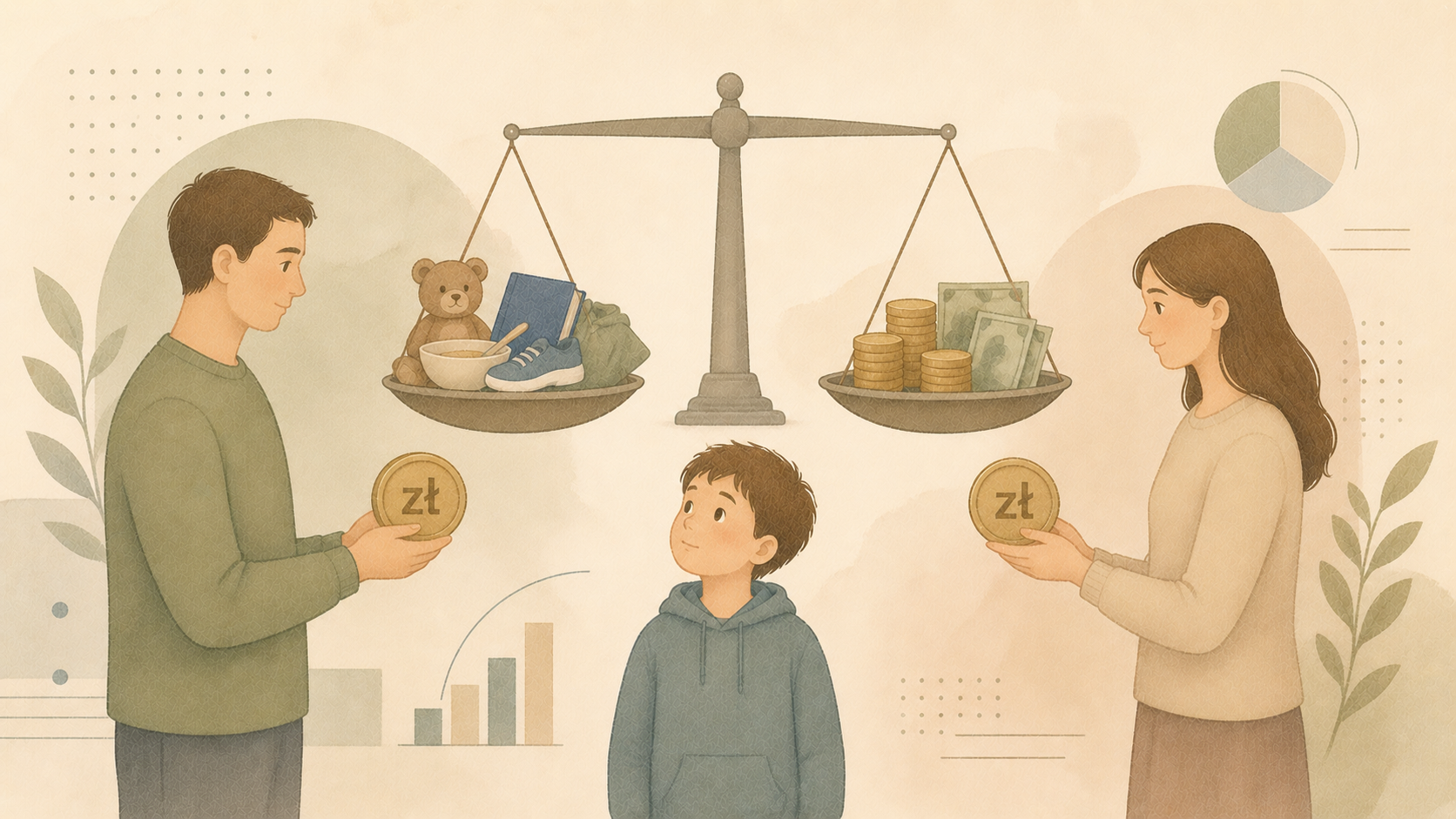 Ilustracja przedstawiająca dziecko między rodzicami oraz wagę symbolicznie równoważącą potrzeby dziecka i alimenty.