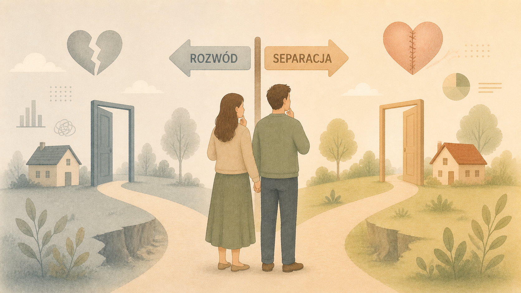 Ilustracja przedstawiająca małżeństwo na rozdrożu pomiędzy rozwodem a separacją