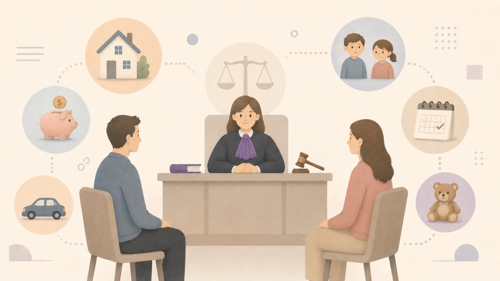 Ilustracja przedstawiająca dwójkę małżonków w trakcie rozprawy rozwodowej przed sądem.