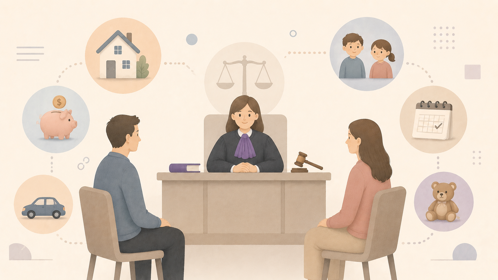 Ilustracja przedstawiająca dwójkę małżonków w trakcie rozprawy rozwodowej przed sądem.